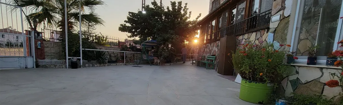 Sevgibağı Huzurevi avlusu gün batımında: taş duvarlar, palmiye, çiçekler, salıncakta oturan bir sakin ve küçük bir köpek